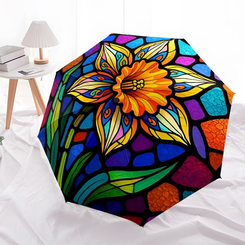 1pc Stained Glass Flower Automatic Folding Umbrella - 8-Rib Compact Travel Umbrella Durable & Portable for Outdoor Use, Perfect Gift055