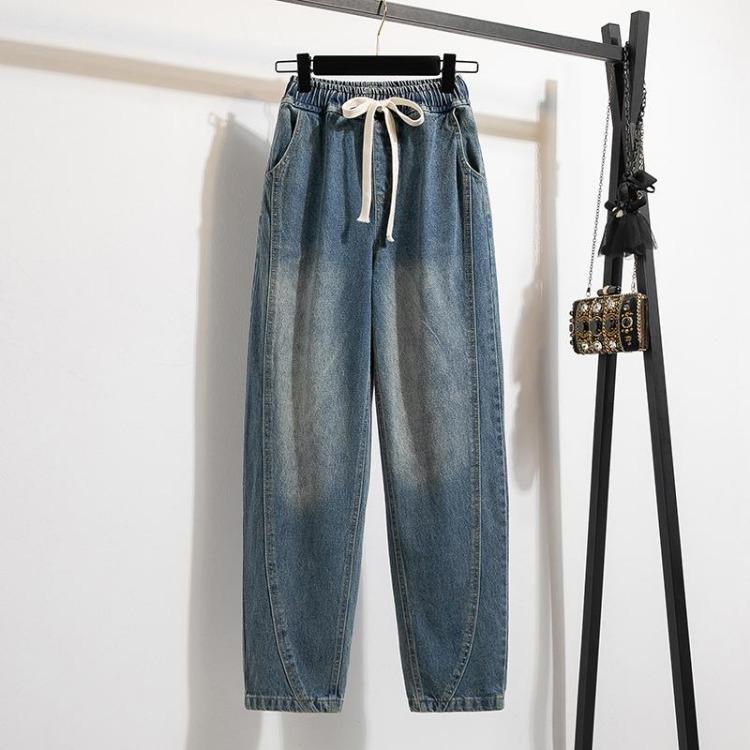Nowe Vintage Oversize Moda Damskie Wysoki Stan Elastyczne Gładkie Jeansowe Haremki Spodnie Podstawowe Plus Size