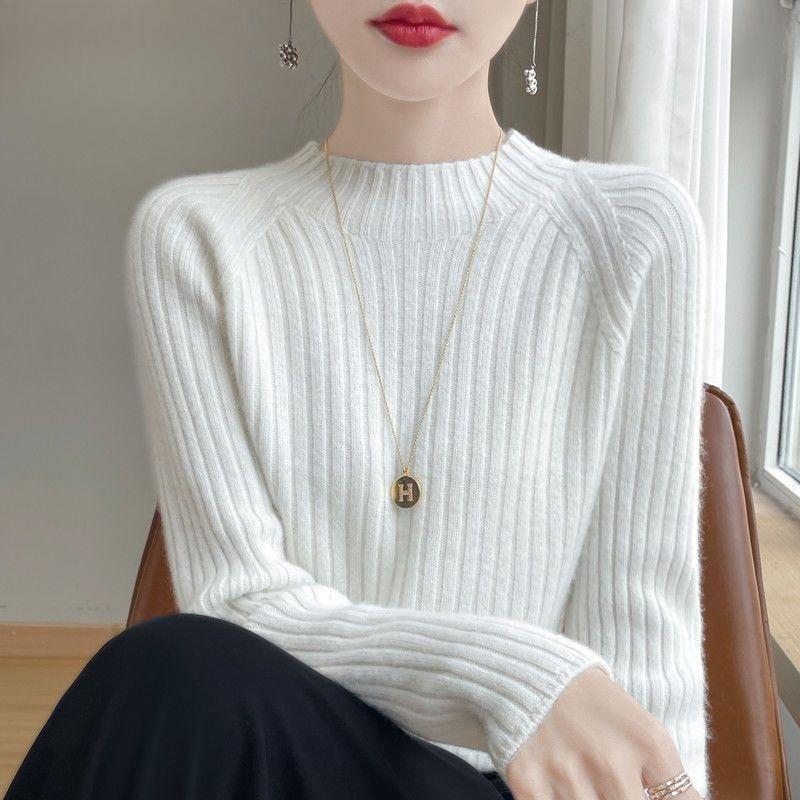 Autumn Winter Women Knitwear Slim Fit Semi High Neck Pure Color Loose Short Knitted Sweater Base Layer