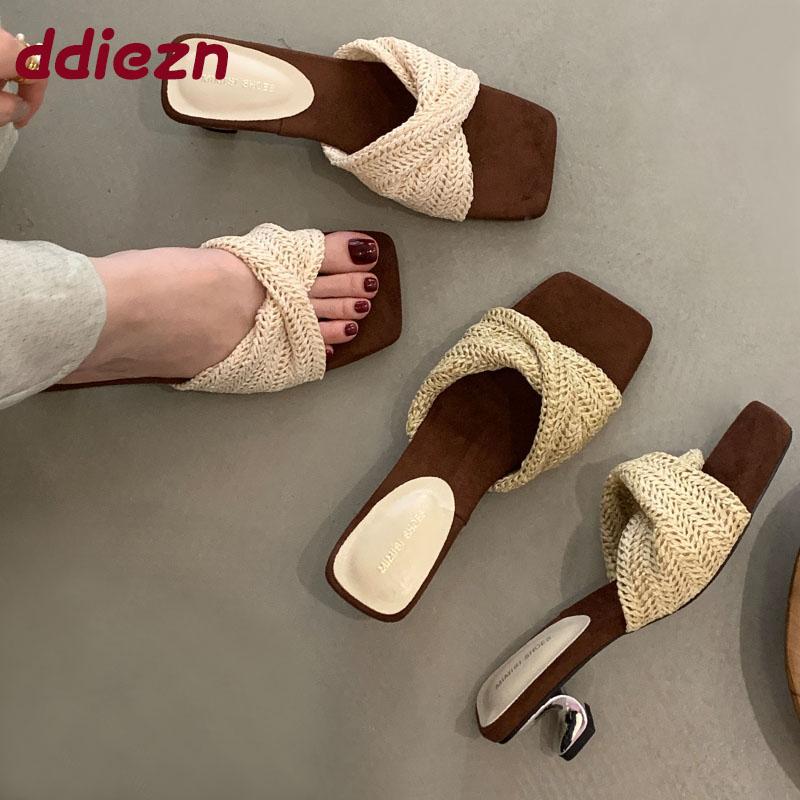 Fashion Fashion Strange Heels Women Sandals Slides Shoes 2025 New Female Shallow Footwear Square Toe Ladies Heeled Sandals Shoes