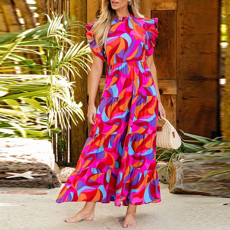 

Summer New Arrival Abstract Stylish Smocking Short Sleeve Dress Orange Print S code fits (45.00 kg-55.00 kg