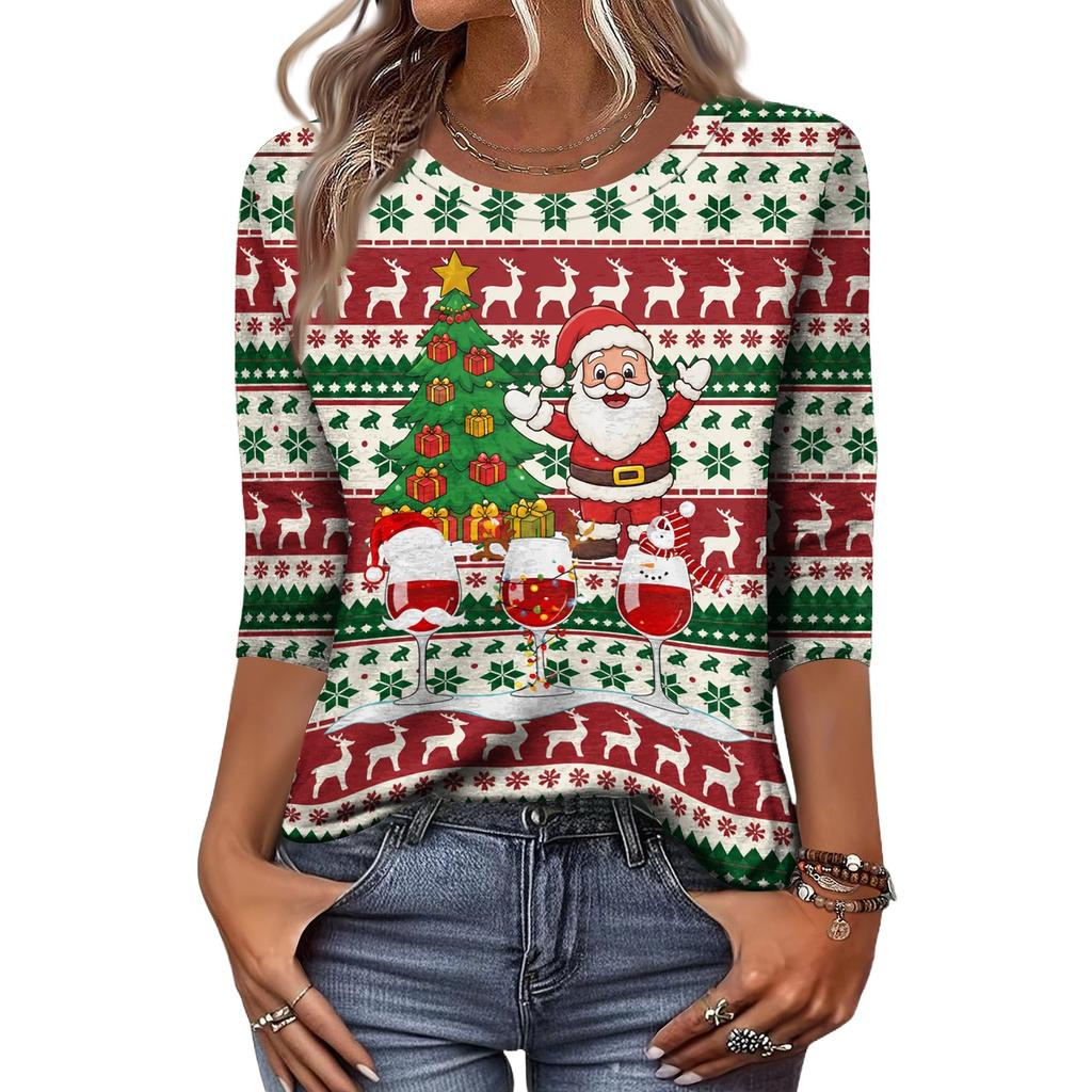 Women's Casual Christmas Print Three-Quarter Sleeve Neck Top