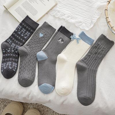Gray Socks Pure Cotton Tube Socks Season Embroidery Cute Cartoon Bow Cotton Double Needle Boneless Stockings