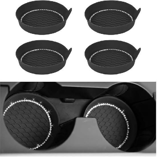 4PCS Car Cup Coaster, Bling Crystal Silicone Non-Slip Cup Holder Ert Coasters, Shockproof Rhinestone Auto Drink Mat Universal For Women Girls,