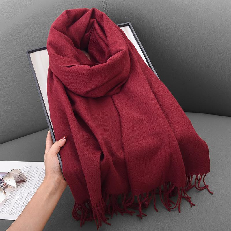 Scarf Winter Women'S Cashmere Literary And Artistic Thickening Warm Dual-Purpose Solid Color Fashion Atmosphere Scarf
