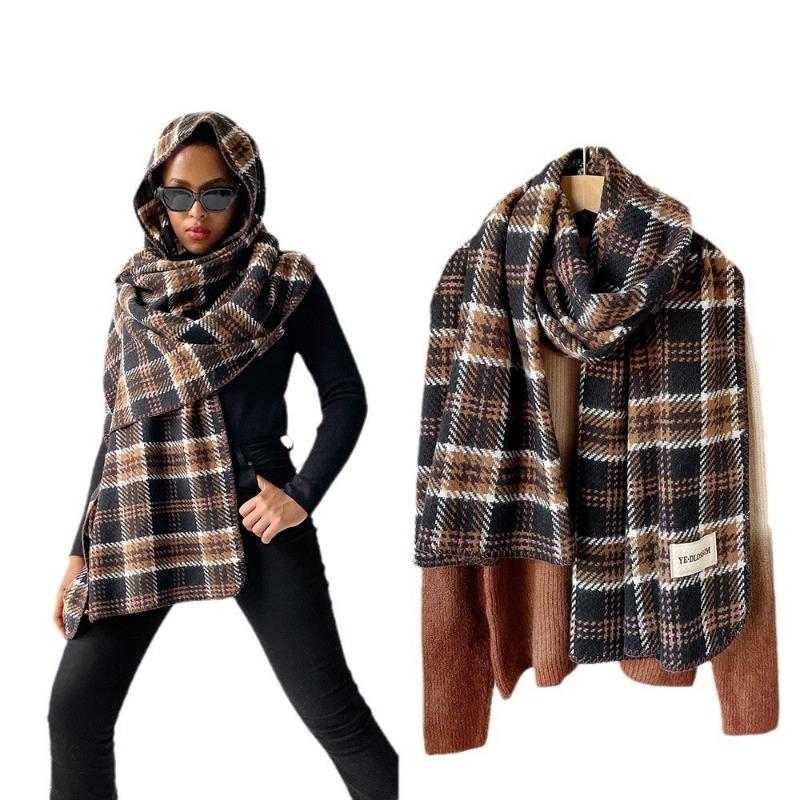 Imitation cashmere plaid shawl women's winter high-end atmosphere black scarf triangular hemming head shawl
