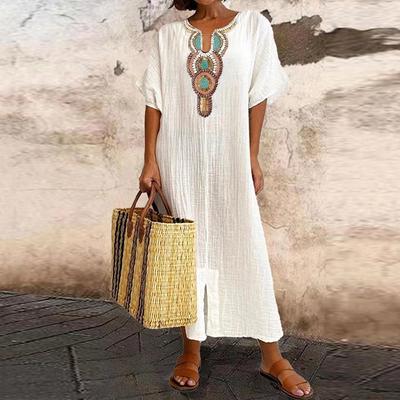 Cotton Linen Dress Women Summer Casual Loose Holiday Beach Bohemian Long Sundress Solid Vestido Female Clothing