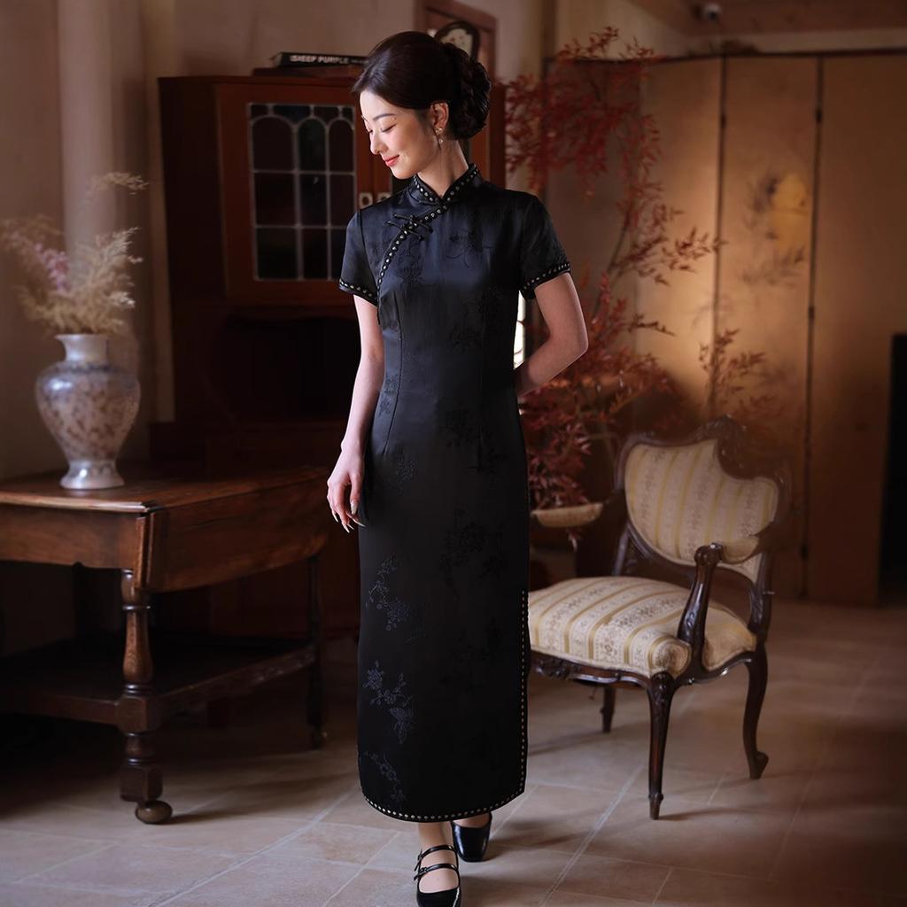 1011 new cut flower silk high-end black cheongsam summer old Shanghai retro lace Chinese style female Republic of China style