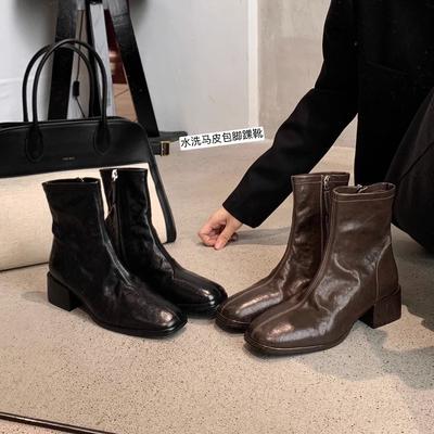 Premium Cowhide Edition~ Square Head Washed Leather Skinny Short Boots Thick High Heel Thick Sole Small Ankle Boots Women's Autumn and Winter
