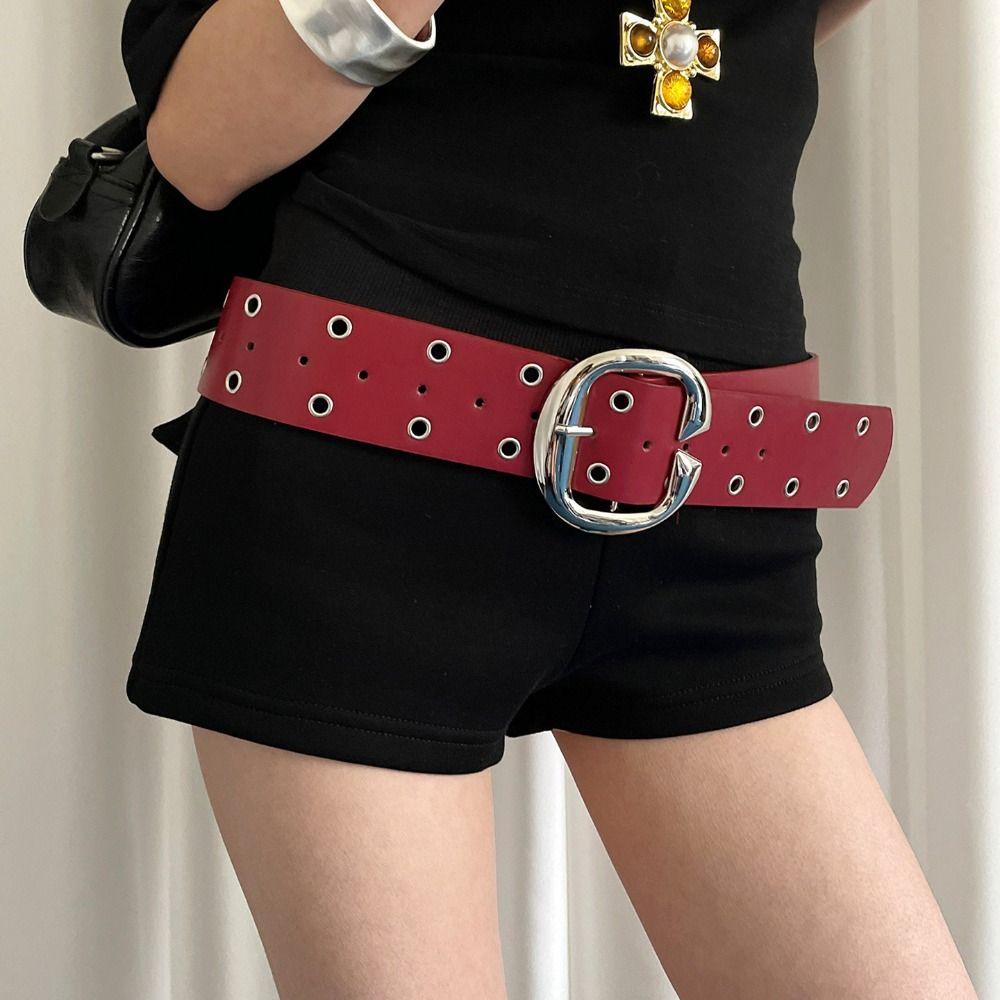 Vintage Women Wide Belt Double-Row Hole Punk Style Belt Fashion Leather Waistband Men