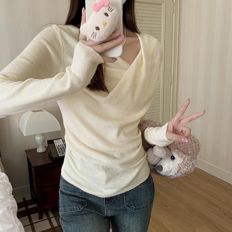 

Женский свитер с французским воротником-стойкой и длинными рукавами, осенний, с боковыми складками на талии, диагональными плечами, милый шикарный внутренний топ XL