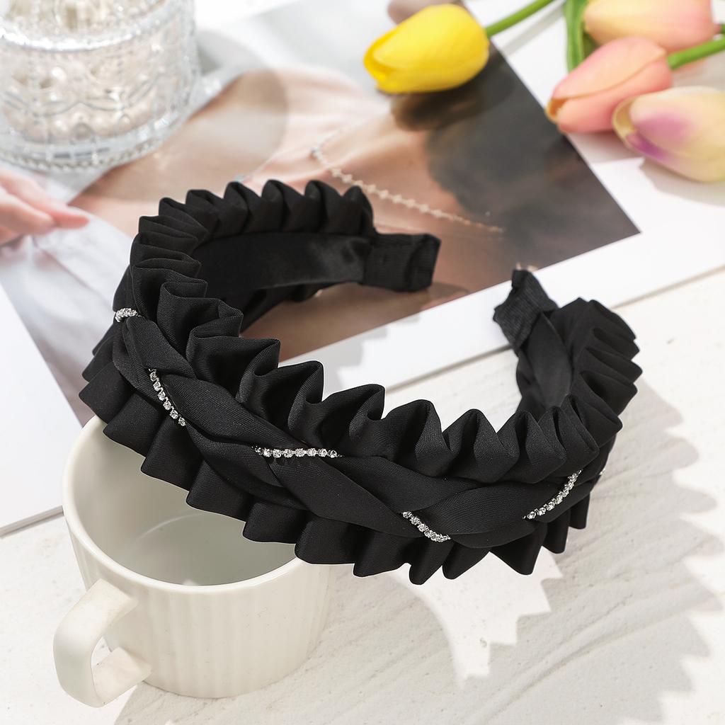 AWAYTR Korean Fashion Women Fabric Headband Solid Color Pleated Hairband Turban Rhinestone Headwear Hair Accessories