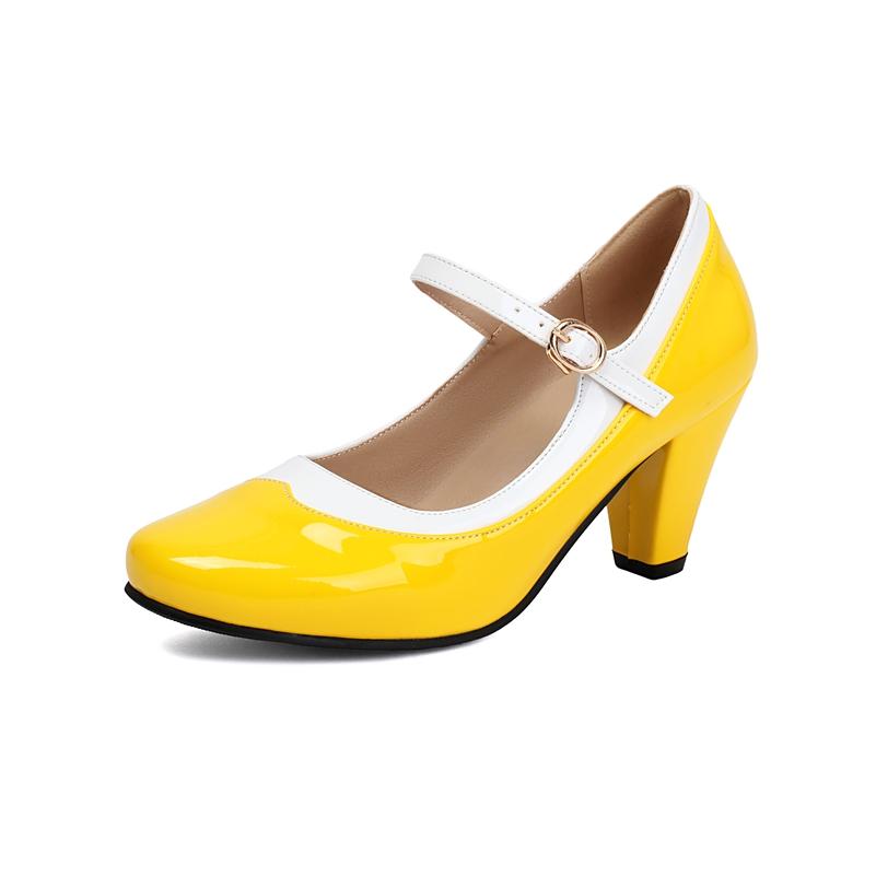 

FOREADA Women Patent Leather Mary Janes Pumps Round Toe Thick High Heels Buckle Ladies Fashion Shoes Sping Autumn Red 45 39 жовтий