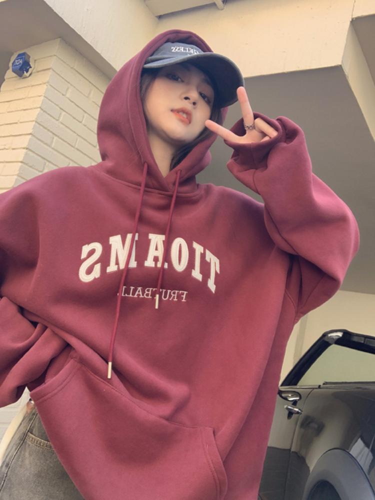 Ladies Velvet Printed Hoodie for Female Students Oversize Loose Casual Hooded Sweatshirt for Autumn Winter New