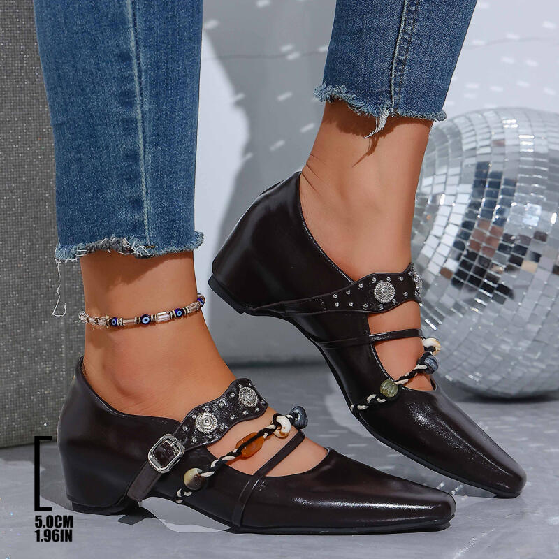 Vintage Metal Buckle Cross Strap Mary Jane Shoes Women  Spring Plastic Bead Medium Heel Loafers Woman's Bohemia Pumps Shoes