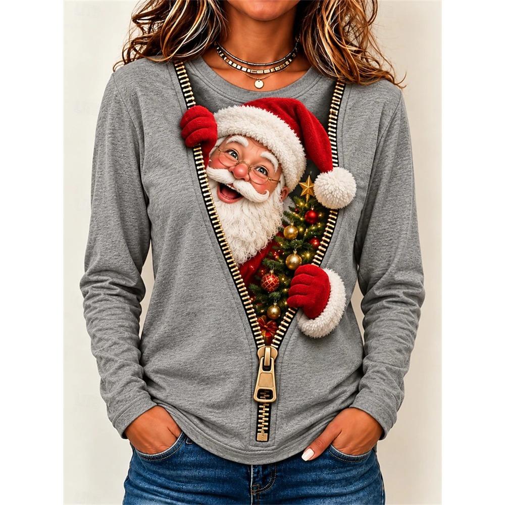 Women’s Christmas Long-Sleeve Pullover Santa Claus Snowflake Print Crew t