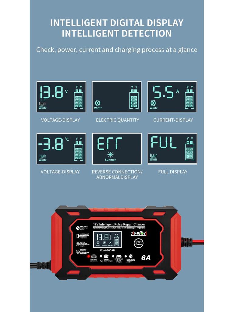 12V 6A Smart Pulse Repair Charger for Car & Motorcycle Lead-Acid Batteries