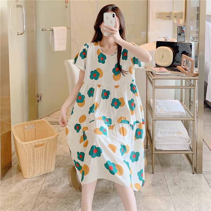 Cotton and Silk Nightgown Women's Summer Short-sleeved Large-size High-end Printed Maternity Pajamas Can Be Worn Outside Long Loungewear