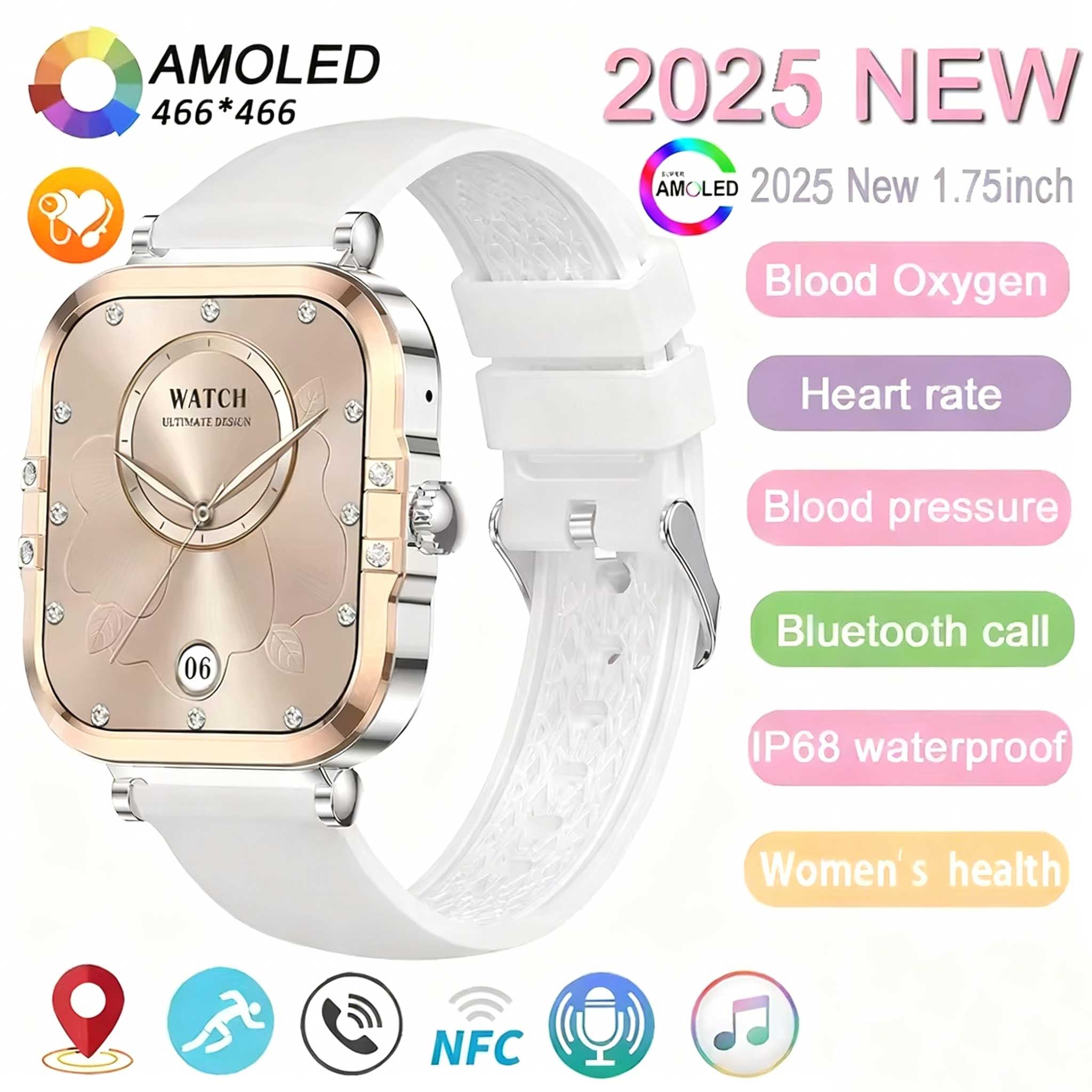 

Rose Golden Smart Watch Ultra Thin Luxury Smartwatch Bluetooth Call Custom Dial Health Monitor Fitness Wristwatch for Ladies silicon