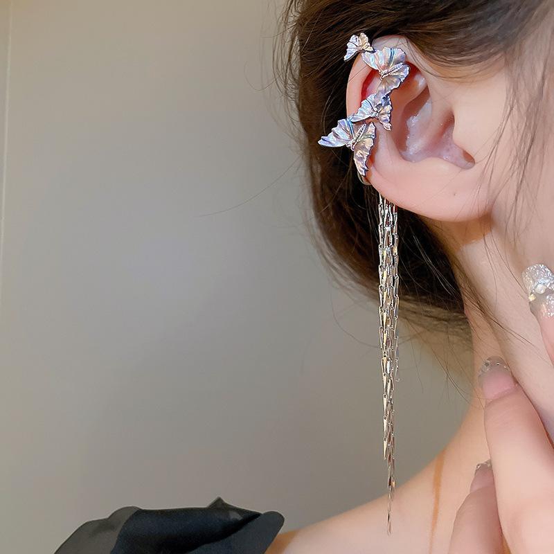 Cercei clip cu franjuri din cristal artificial roz, super zână, dulci și cool, fluture vânt fără piercinguri în urechi, clipsuri pentru osul urechii, cercei premium.