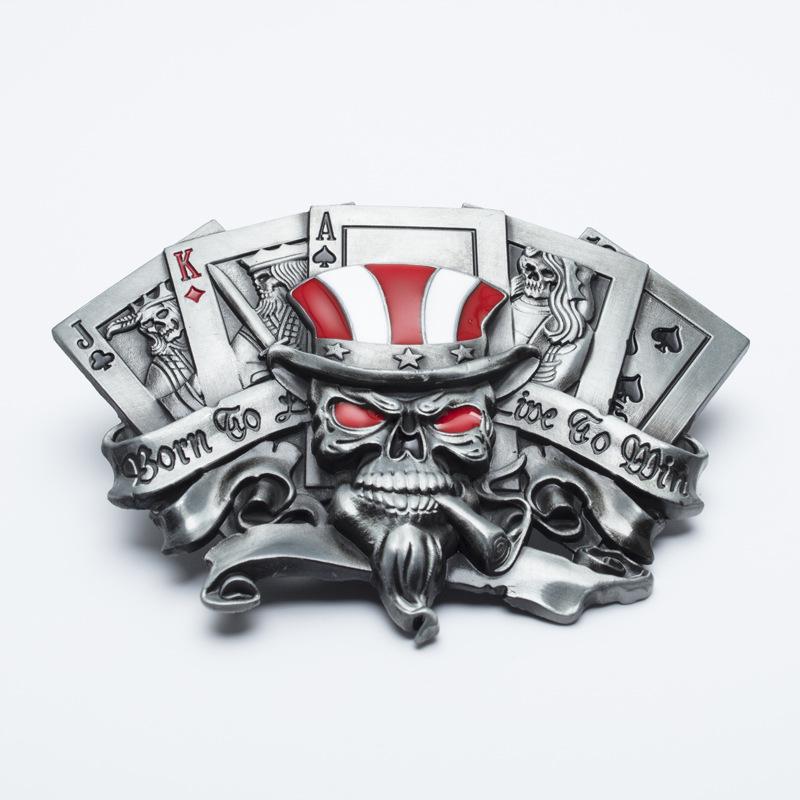 Skull Alloy Silver Leather Belt Buckle: Youth Fashion Playing Card Design