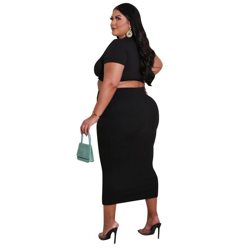 MY676 Plus Size Womens Knit Long Sleeve Crop Top Maxi Skirt Set Black Milk Silk Casual Outfit 2025