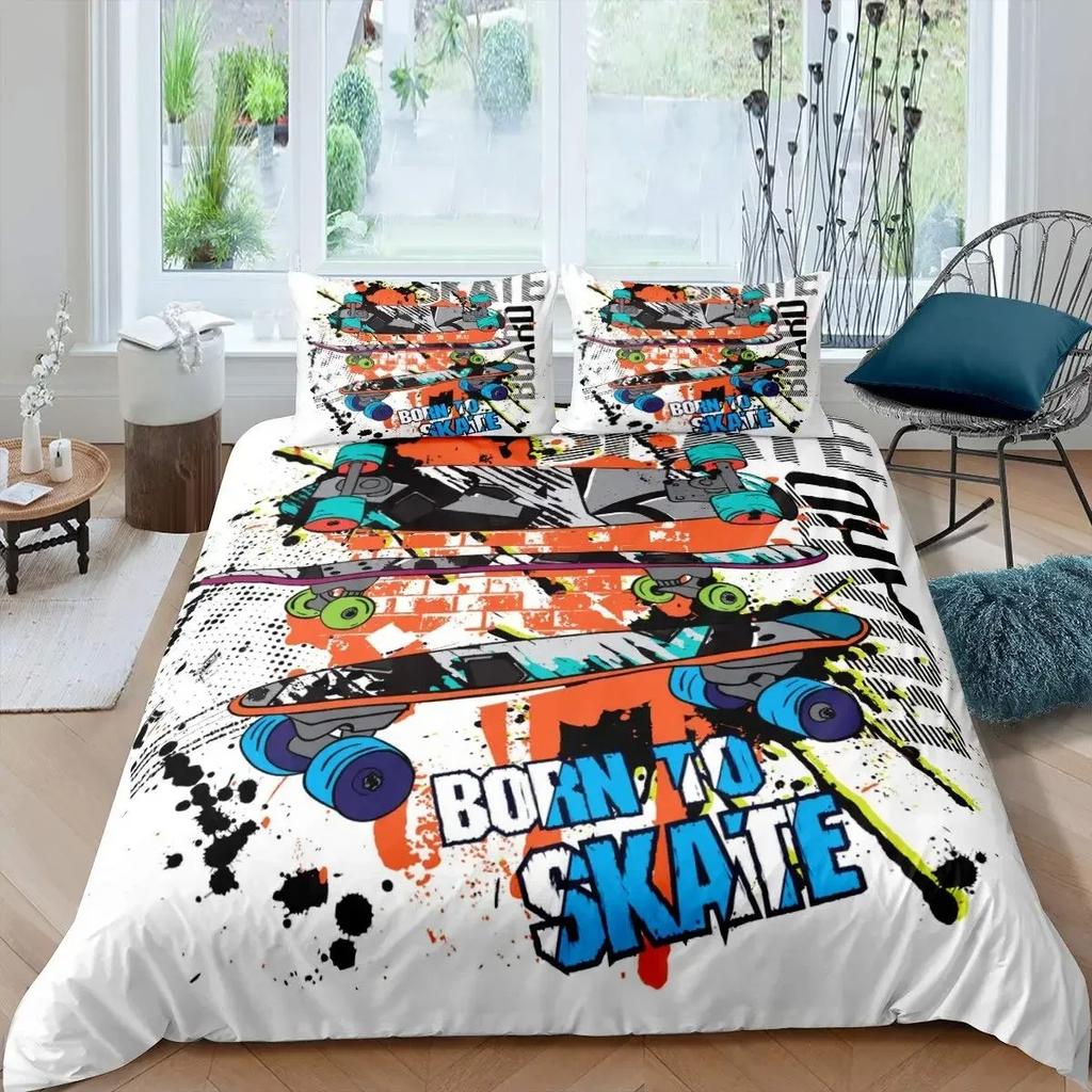 Skateboard Dekbedovertrek 3D Microvezel Graffiti Kunst Dekbedhoes Eenpersoons Tweepersoons Queen King Size Beddengoed Set voor Jongens Tieners