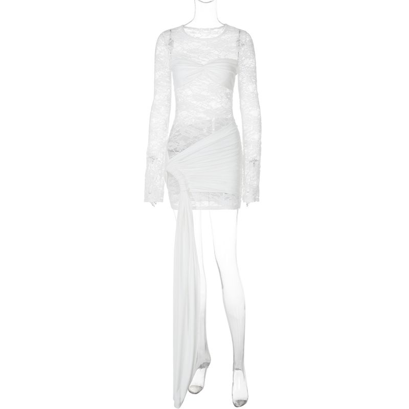 

Shemoda Fashion Style Sexy Lace Stitching round Neck, Slim-Fit, Long-Sleeved Dress Lace-up Waist-Controlled Ribbon Skirt White M