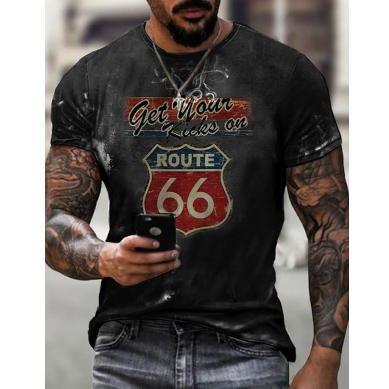 

New summer MENS T Large shirt, loose clothes, Vintage, short -sleeved, American fashion, route 66 characters, print o collared tshirt XS