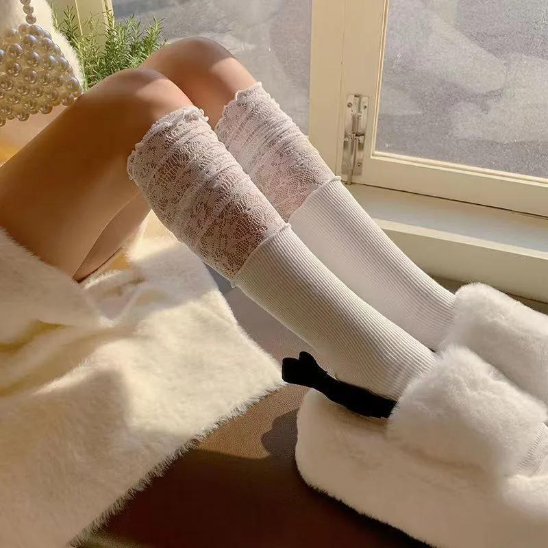 Lolita Stockings Woman Solid Color Lace Cute Lolita Thigh High Thick Warm Stockings Autumn/Winter White Long Leg Socks for Women