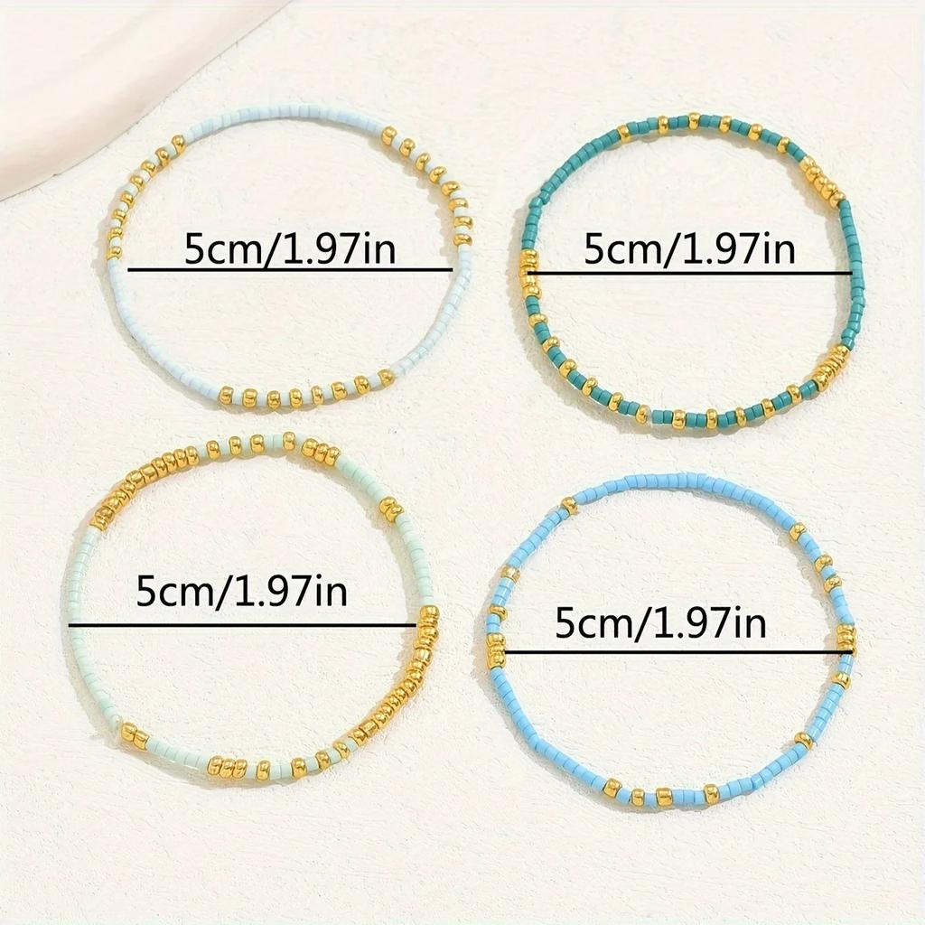 4pcs/set Bohemia Turquoise Color Seedbeads Stretch Bracelet Jewelry Glassbeads Elastic Handmade for Women Girls Daily Wear Gifts