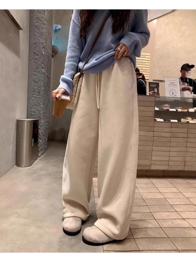 700g Lambswool Heavyweight Fleece Brushed Women's High-Waist Wide-Leg Warm Trousers