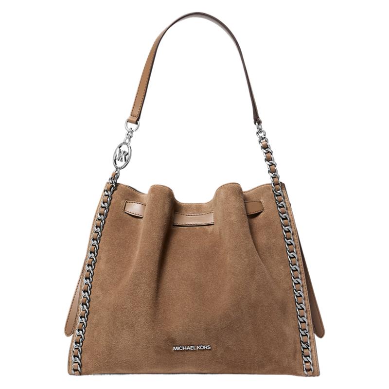 MICHAEL KORS Mina Silver Metal Finish Magnetic Closure Suede Shoulder Bag Large Women s Taupe серебряный