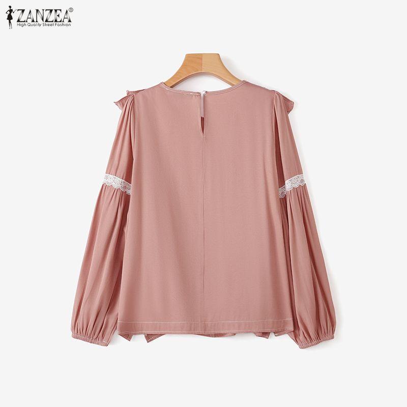 ZANZEA Bluză casual de damă cu gât rotund, mâneci lungi și inserții de dantelă