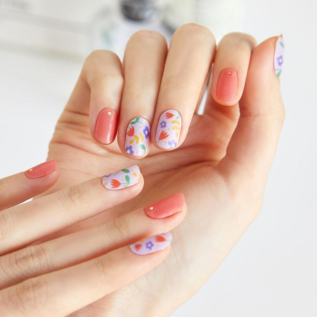 Floral Nail Stickers - 24pcs Self-Adhesive Strips, Quick 5-Min Manicure