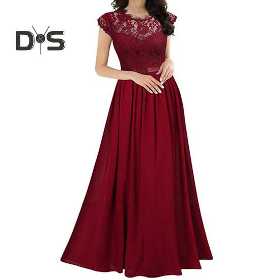 

Женское кружевное платье макси с круглым вырезом, плиссированное платье-трапеция, длинное платье для матери невесты на свадьбу S