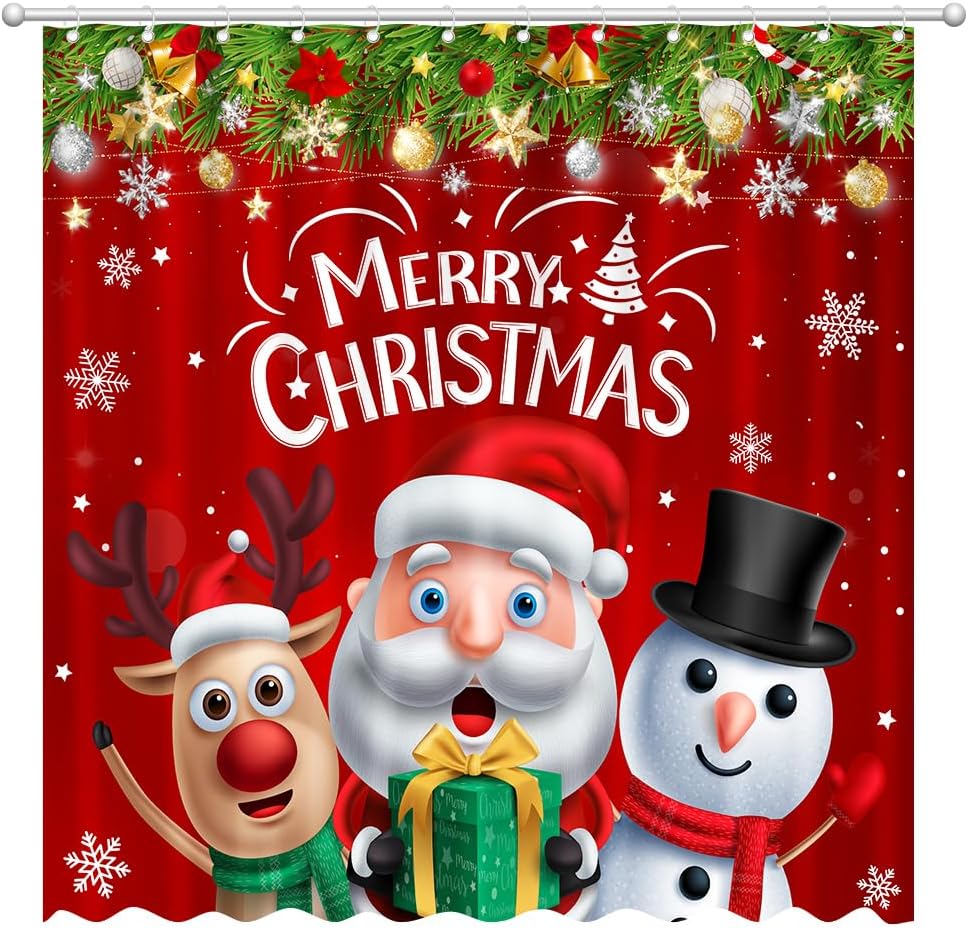 Merry Christmas Shower Curtain Santa Claus Snowman Reindeer Home Bathroom Decorations Xmas Gift Box Bathtub Curtain Set With