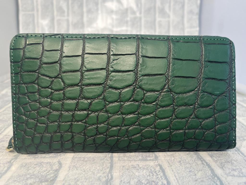 GUODI Long Wallet with Round Genuine Crocodile for Men and Zipper, Leather, Color-Dyed, Unisex, Women, LH-7645 (Cyprus Green)
