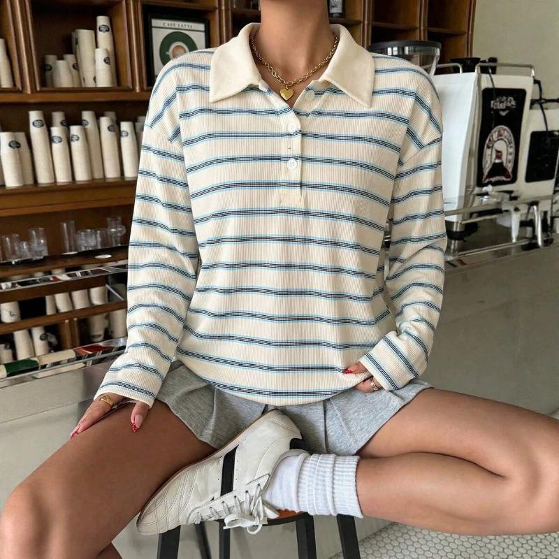 Womens Striped Button Polo Collar Long Sleeve Casual Loose Sweatshirt