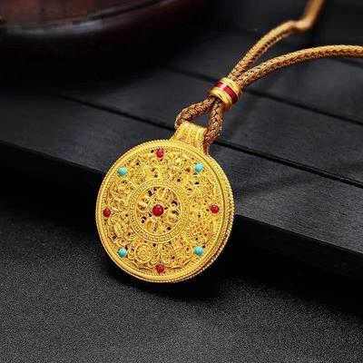 Gold-Plated Enamel Vajra Treasures Compass Amulet Necklace - Women's Good Luck Accessory