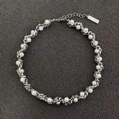 Cuban Chain Wrapped Pearl Necklace for Men Trendy Niche High-end Design Hip-hop Collarbone Chain Unisex Neck Chain Non-fading