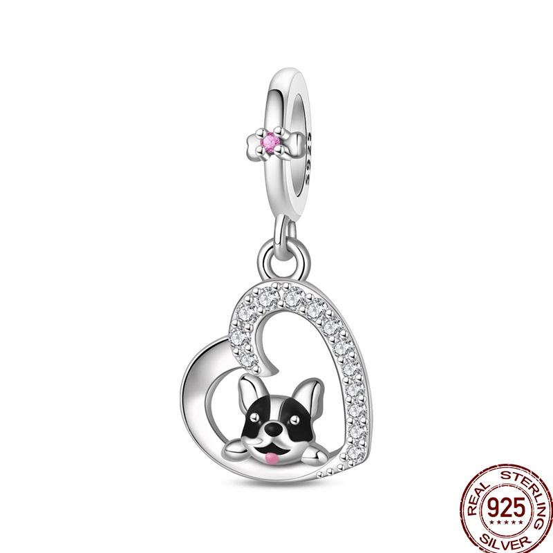 100%Stering Copper Cute Pet Charms Beads Dog Cat Moon Pendant Fit Original 3Mm Bracelet Diy For Women Jewelry