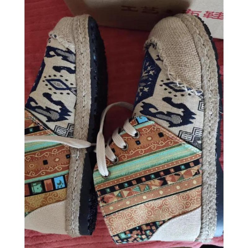 Ethnic Style Handmade Totem Cloth Shoes 2025 Autumn Spring New Cotton Linen Soft Sole Short Boots Women's Flat Shoes Size 35 44