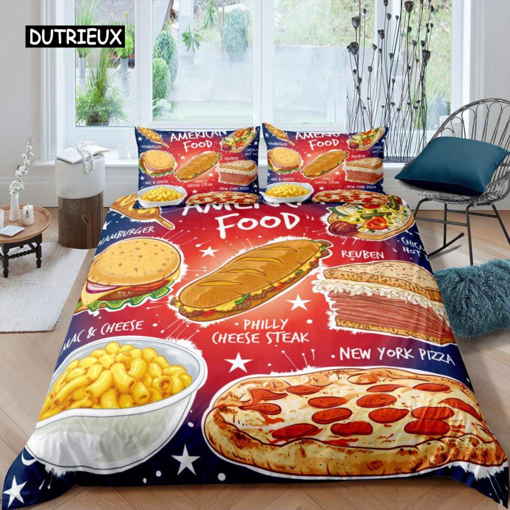 American Fast Food Duvet Cover Set Full Size Polyester Pizza Hotdog Hamburger Print Bedding Set French Fries Cartoon Quilt Cover
