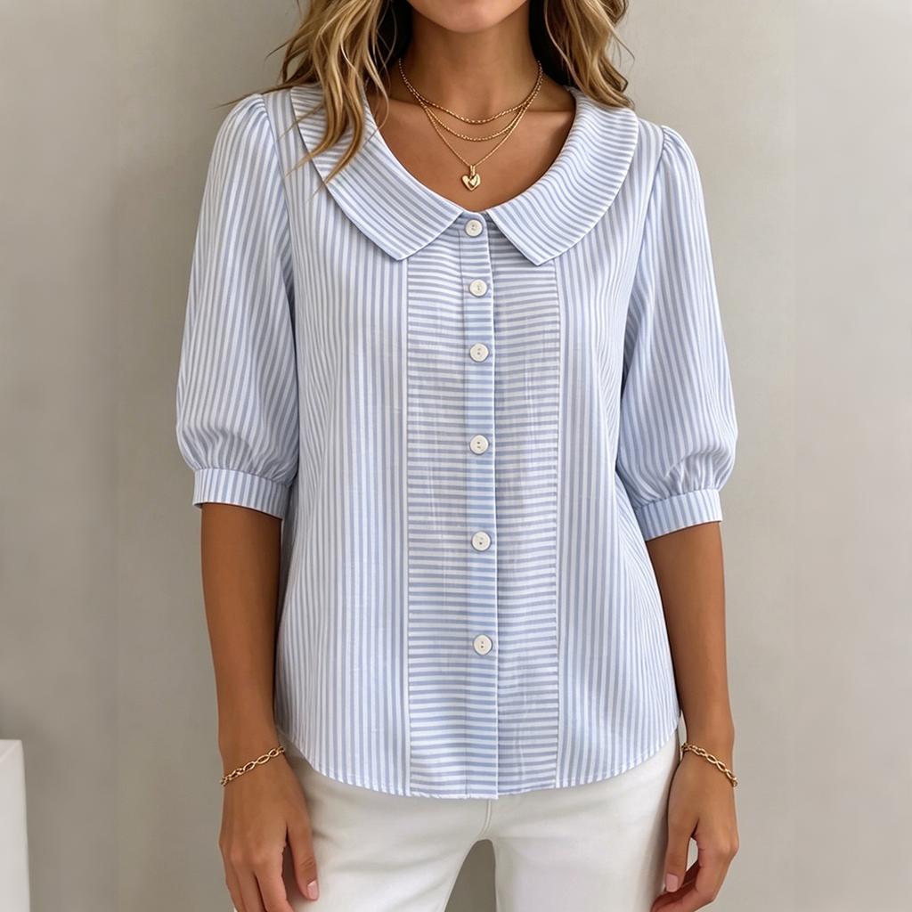 Women's Button Down Shirt Blouse with Peter Pan Collar Half Sleeve Striped Pattern Casual Office Wear Lightweight Fabric