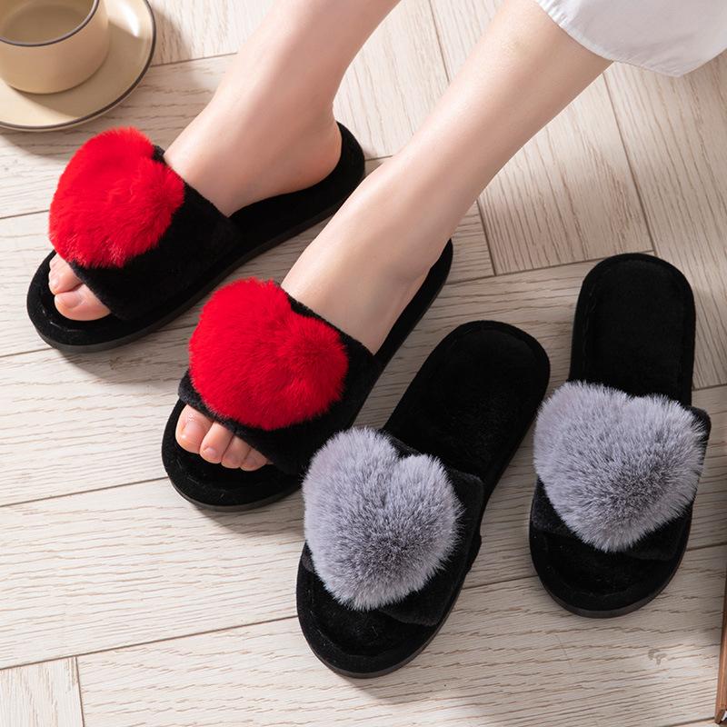 Love Open Fluffy Open-toed Warm Autumn and Winter Four-season Open Cotton Slippers Home Slippers