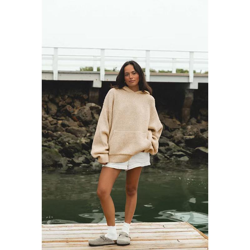 

Женский вязаный свитер с капюшоном и длинными рукавами свободного кроя, повседневный пуловер, однотонная толстовка с передним карманом, свитер свободного кроя, топы XXL бежевый