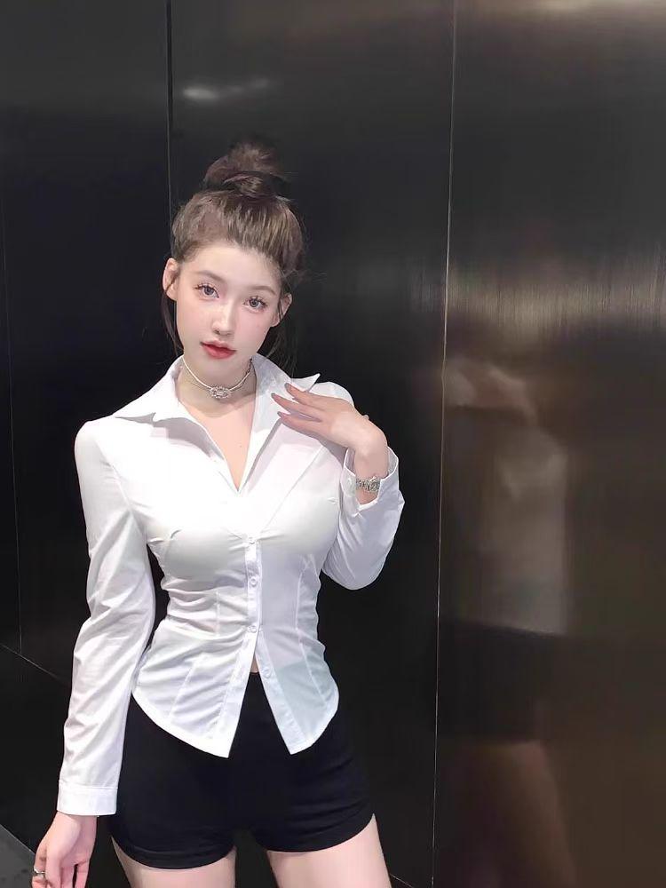 V-Neck Slim Fit Bodycon White Shirt for Women - Sexy Waist-Cinching Top with Chic Chest Design, Perfect for Autumn/Spring.