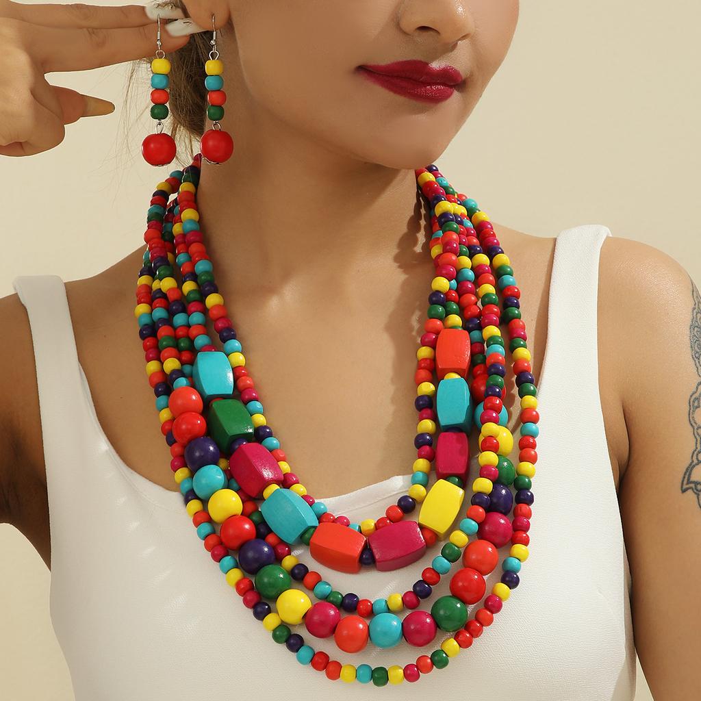 Colorful African Style Multi-Layer Wooden Bead Zircon Sets Chokers Necklace Colorful Bohemian Necklace Earrings Set Party Jewel