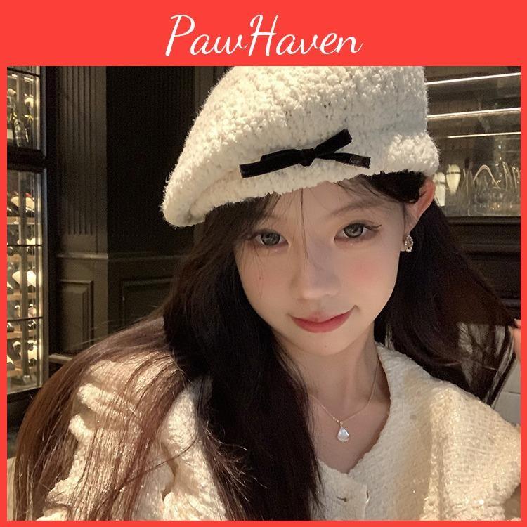 Feminine Beret White Hat With Cute Bowknot Design For Women Perfect For Autumn Winter And
